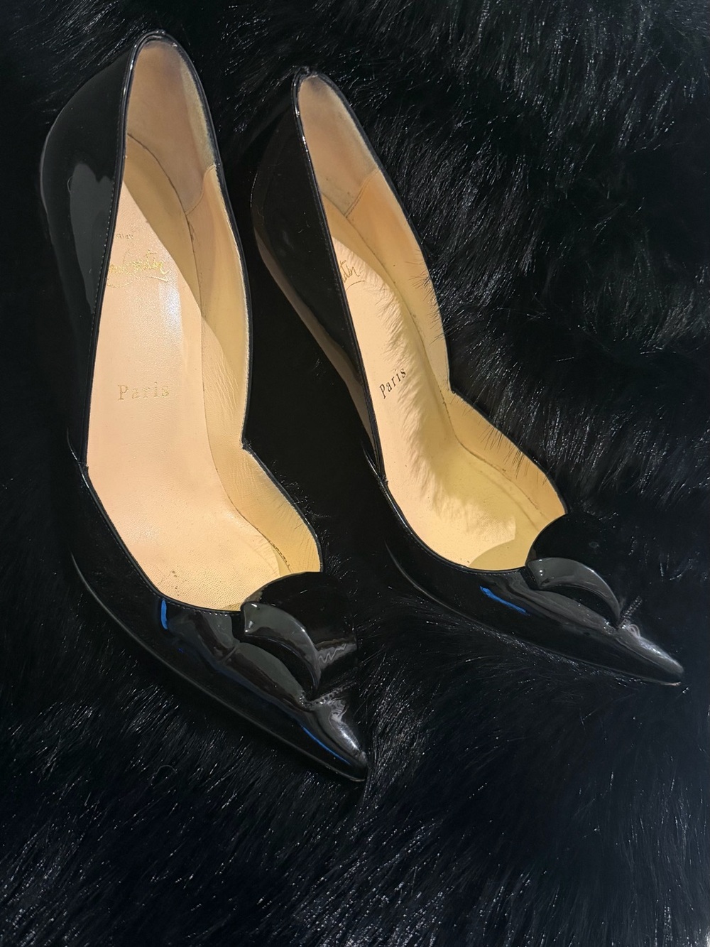 Christian Louboutin Black Patent Pointed-Toe Heels with Decorative Accent